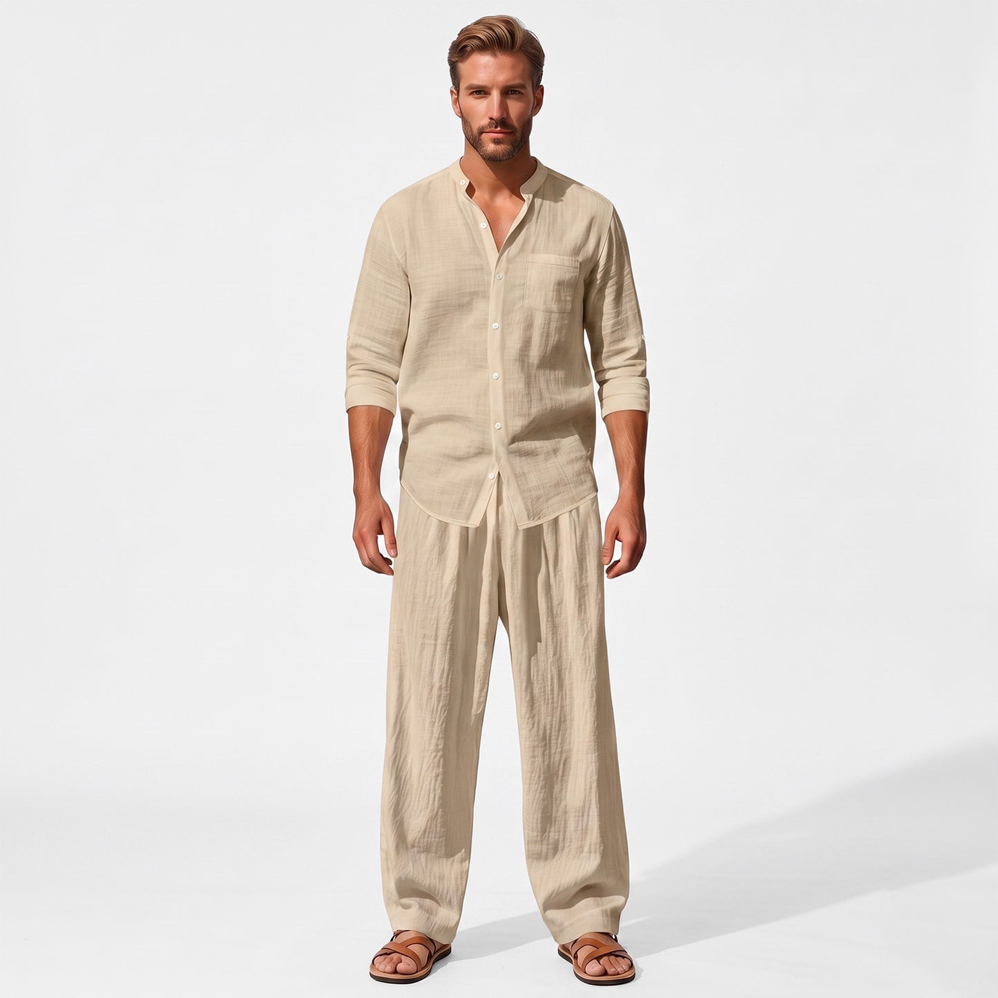 Beige men's two piece linen-blend set with Grandad collar shirt and straight-leg trousers, straight-on full-length model view