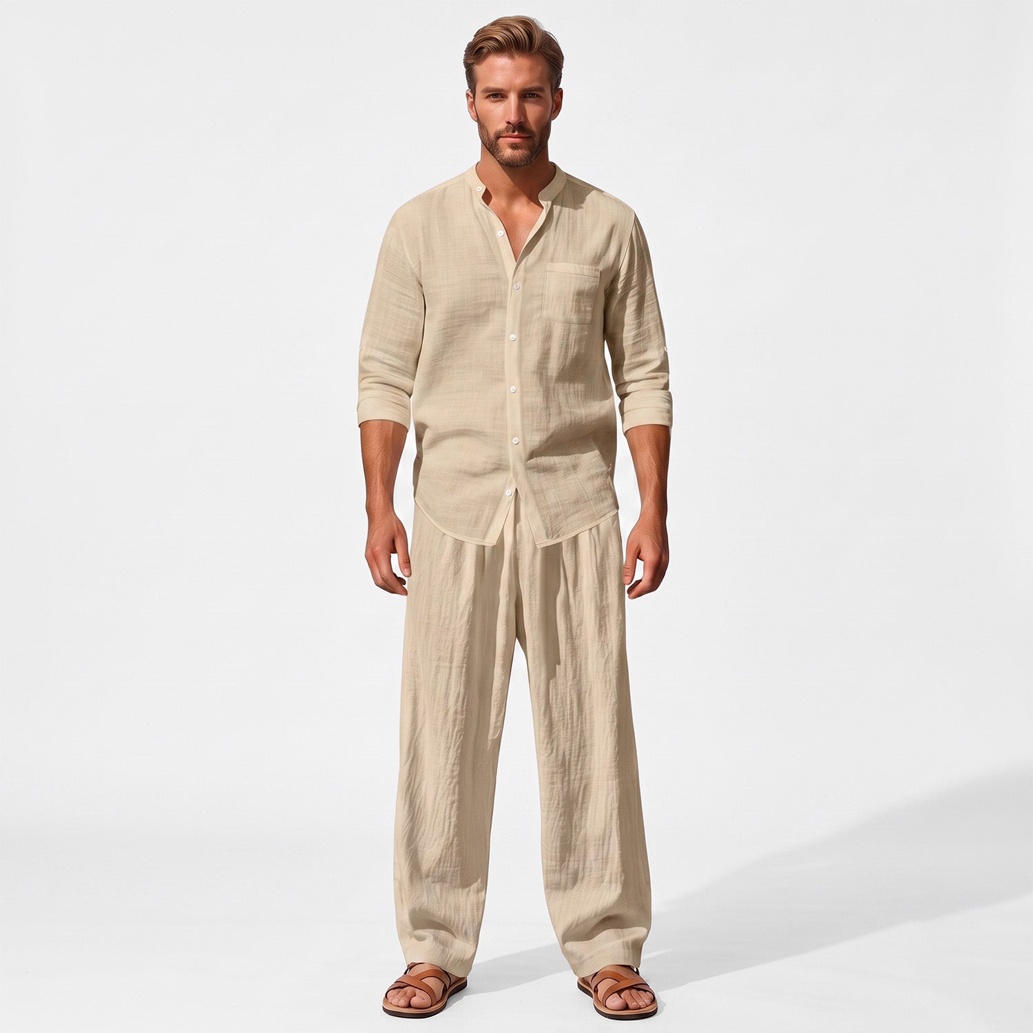 Beige men's two piece linen-blend set with Grandad collar shirt and straight-leg trousers, straight-on full-length model view