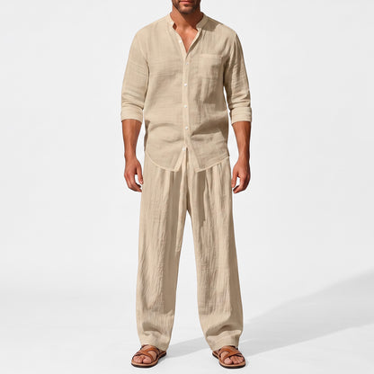 Beige men's two piece linen-blend set with Grandad collar shirt and straight-leg trousers, closer front outfit view