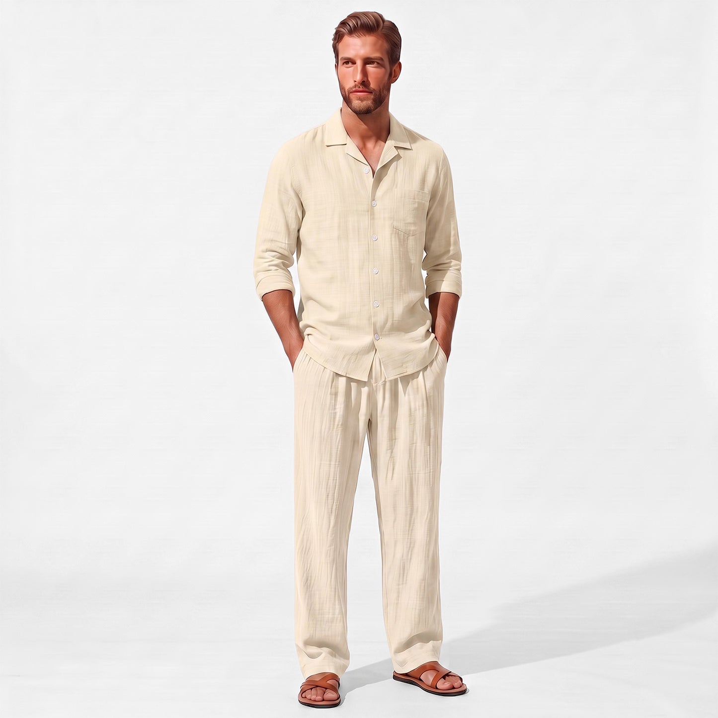 Beige men's two piece linen-blend set with Grandad collar shirt and straight-leg trousers, front model view with hands in pockets