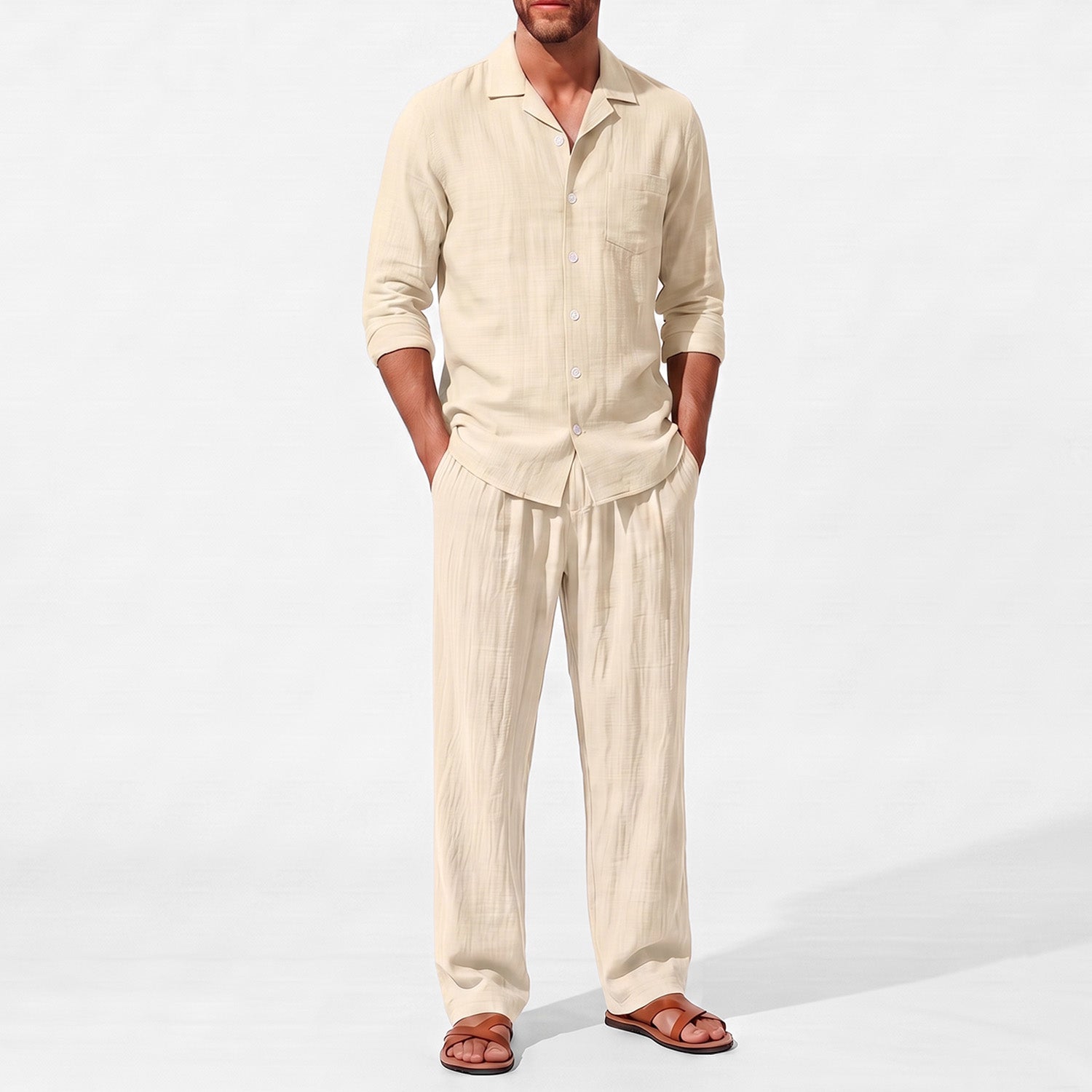 Beige men's two piece linen-blend set with Grandad collar shirt and straight-leg trousers, close front outfit detail