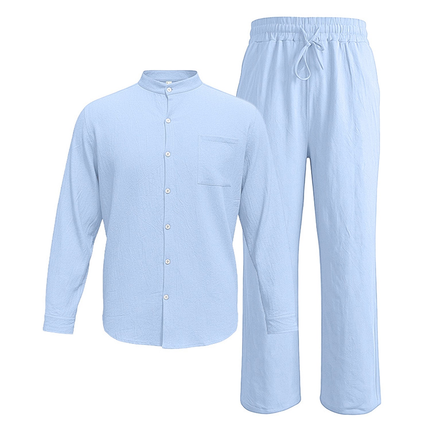 Blue men's two piece linen-blend set with Grandad collar shirt and straight-leg trousers, shirt and trousers product-only view