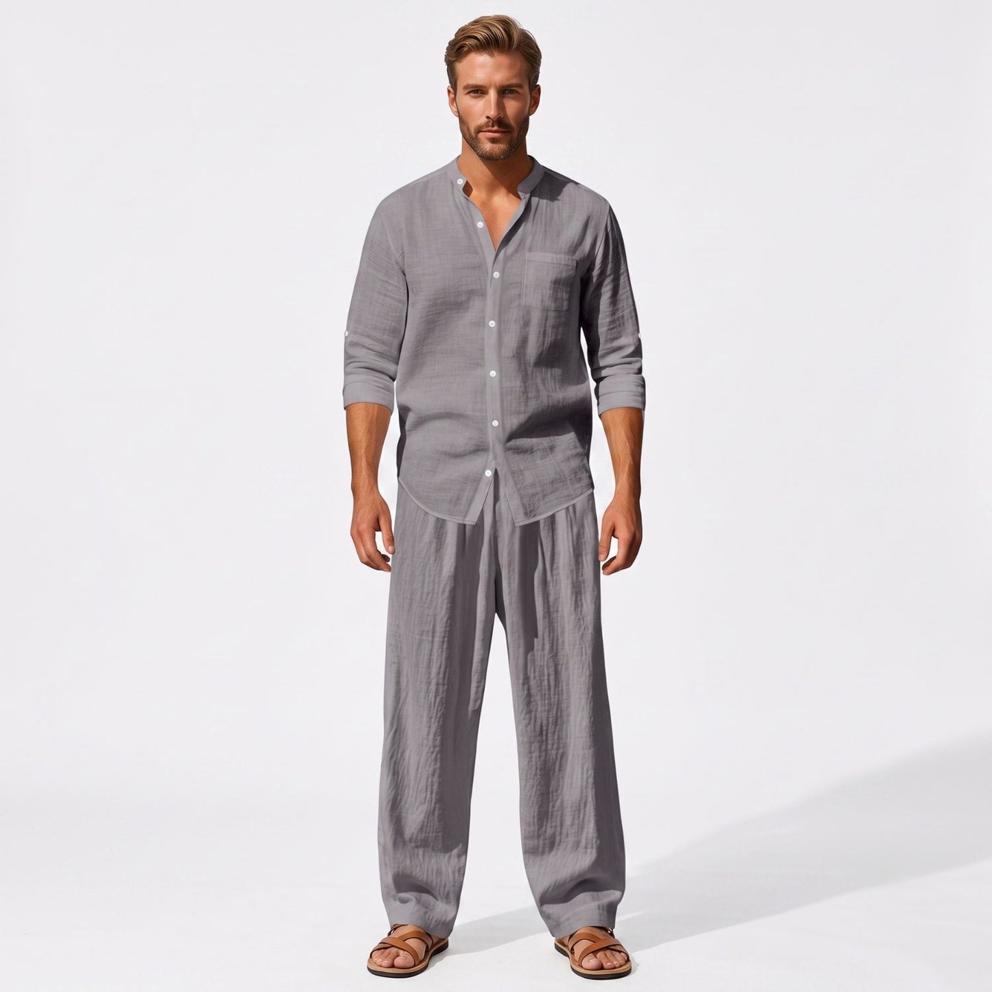 Grey men's two piece linen-blend set with Grandad collar shirt and straight-leg trousers, full-length front model view