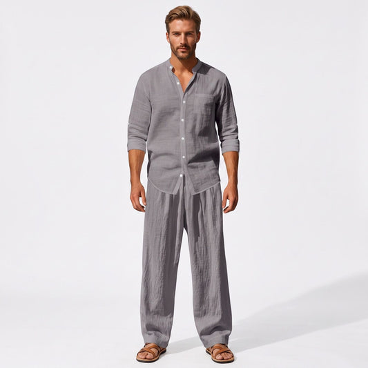 Grey men's two piece linen-blend set with Grandad collar shirt and straight-leg trousers, full-length front model view