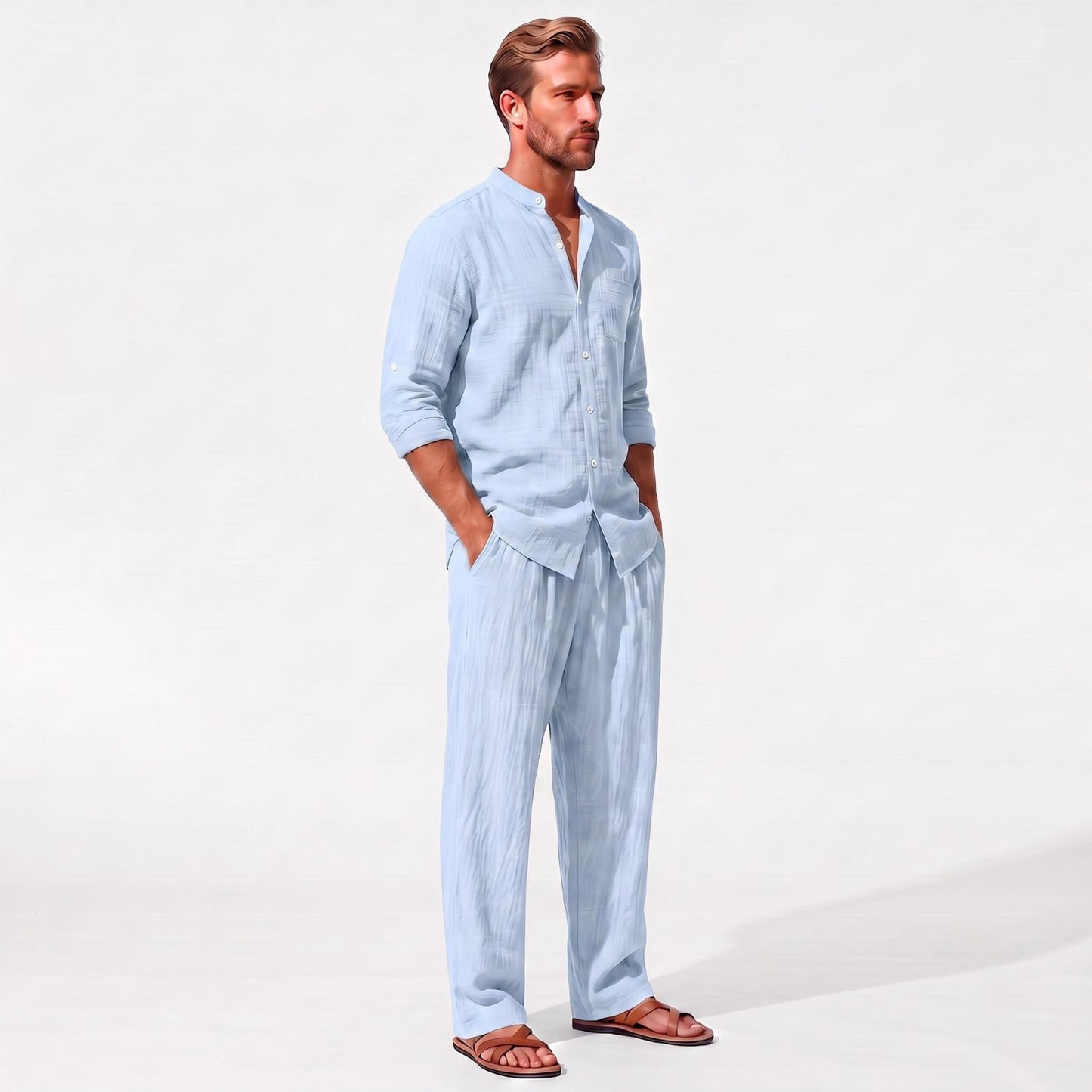 Blue men's two piece linen-blend set with Grandad collar shirt and straight-leg trousers, three-quarter model view