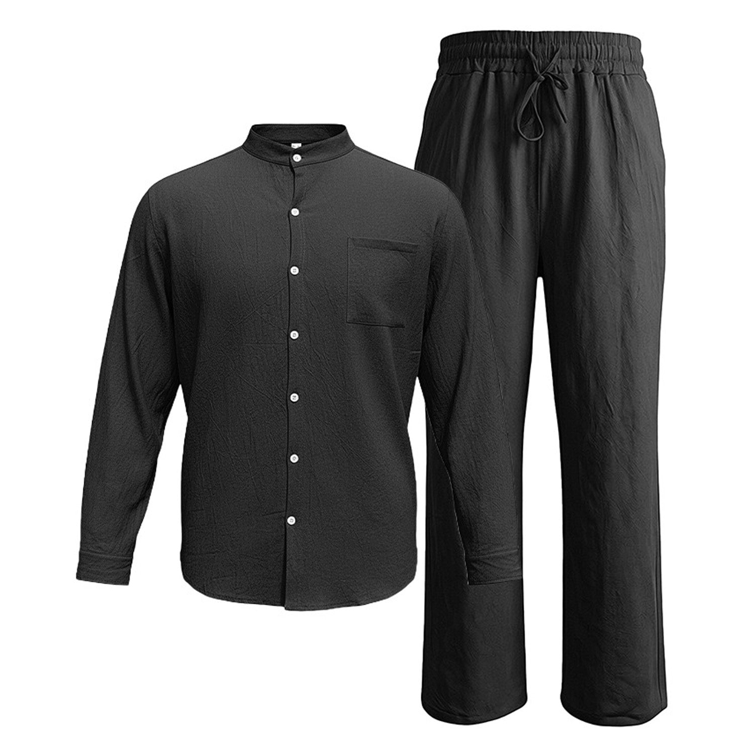 Black men's two piece linen-blend set with Grandad collar shirt and straight-leg trousers, shirt and trousers product-only view