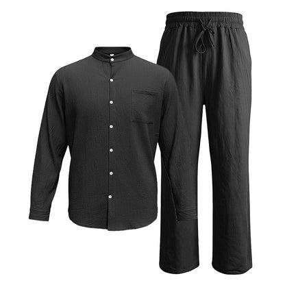 Black men's two piece linen-blend set with Grandad collar shirt and straight-leg trousers, shirt and trousers product-only view