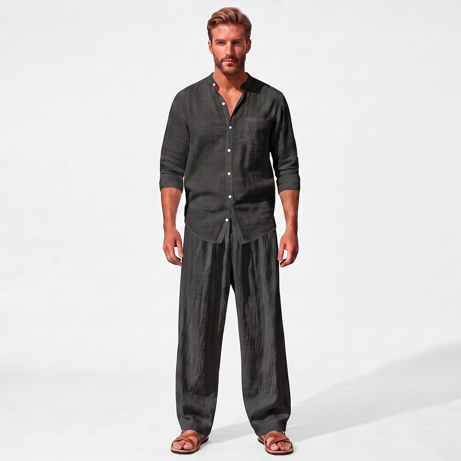 Black men's two piece linen-blend set with Grandad collar shirt and straight-leg trousers, straight-on full-length model view