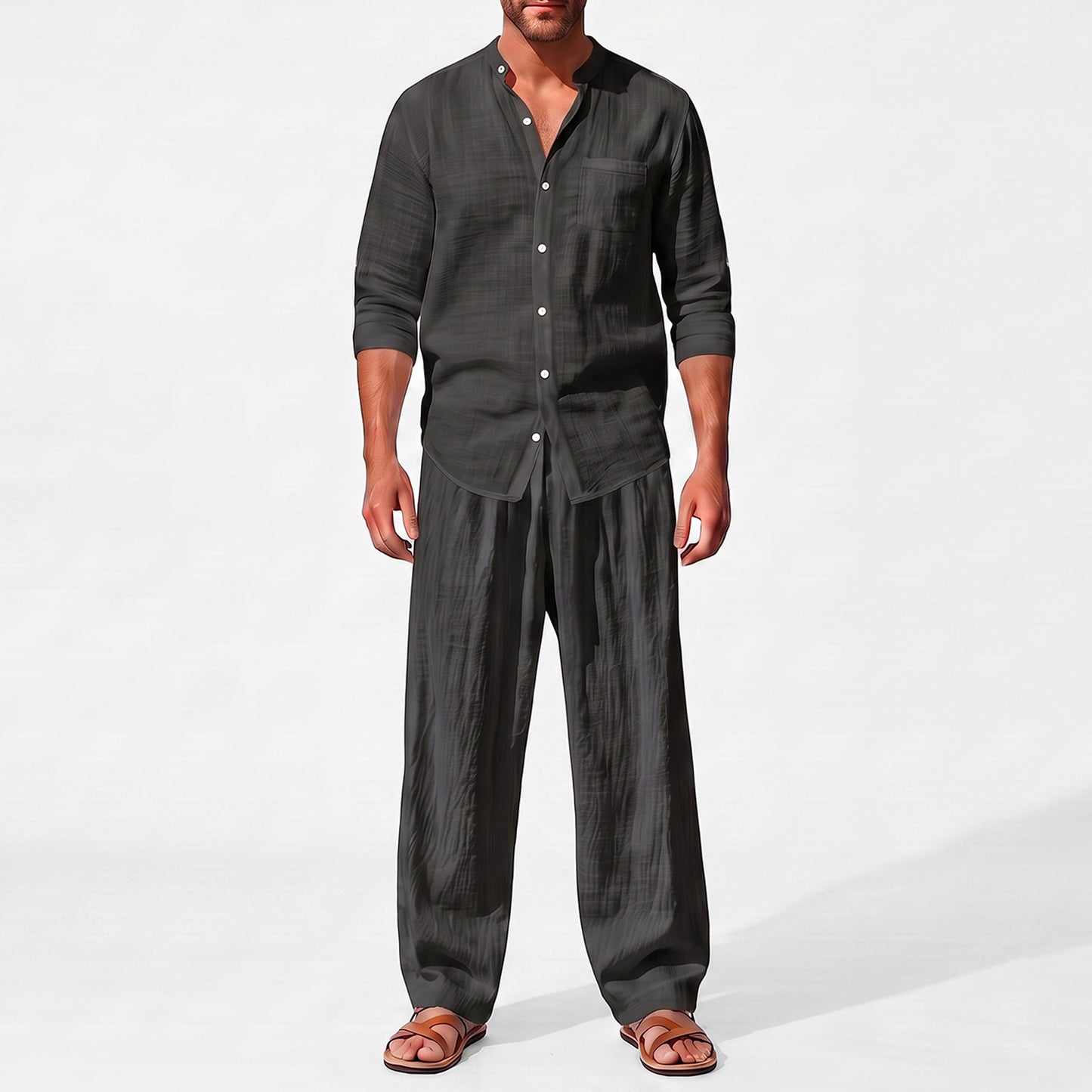 Black men's two piece linen-blend set with Grandad collar shirt and straight-leg trousers, closer front outfit view