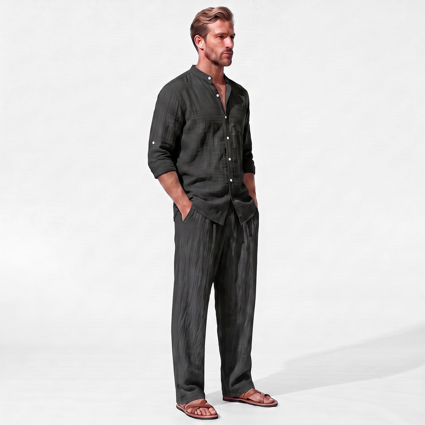 Black men's two piece linen-blend set with Grandad collar shirt and straight-leg trousers, three-quarter model view