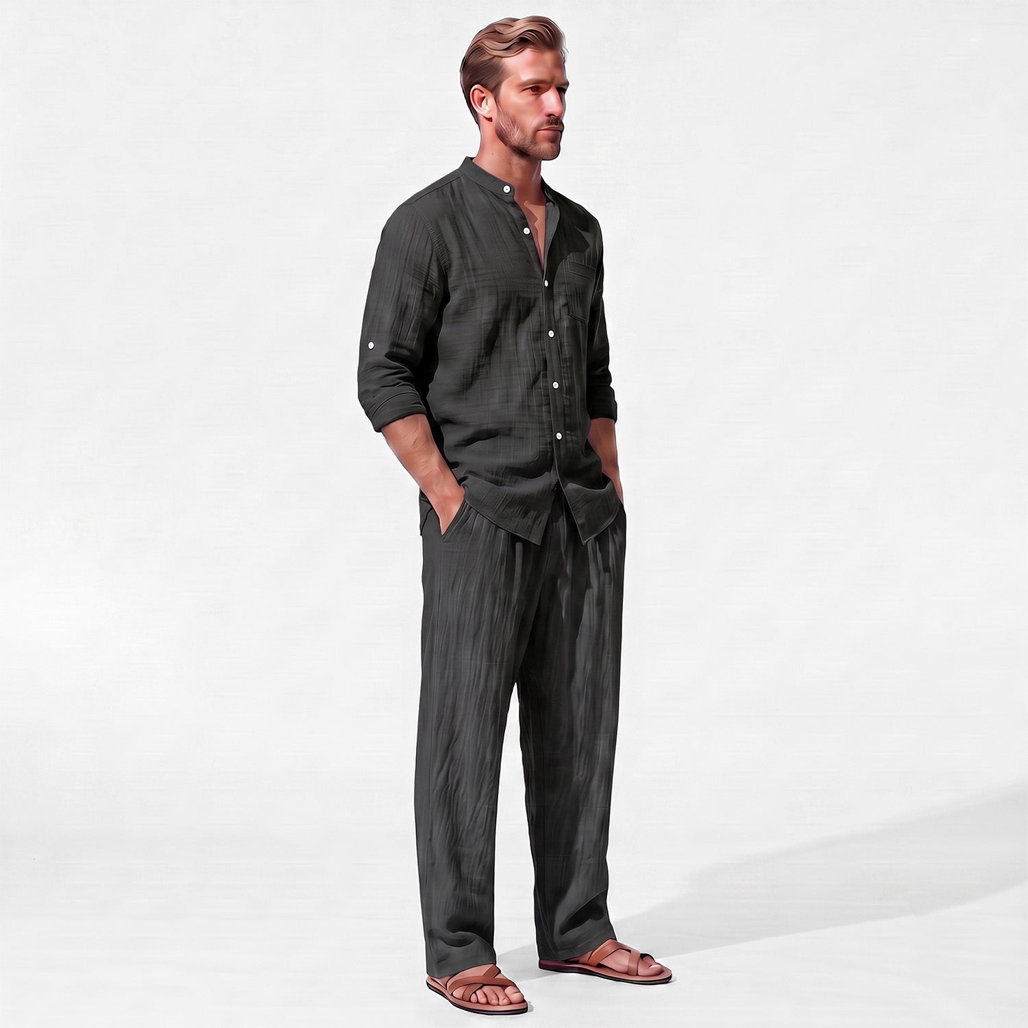 Black men's two piece linen-blend set with Grandad collar shirt and straight-leg trousers, three-quarter model view