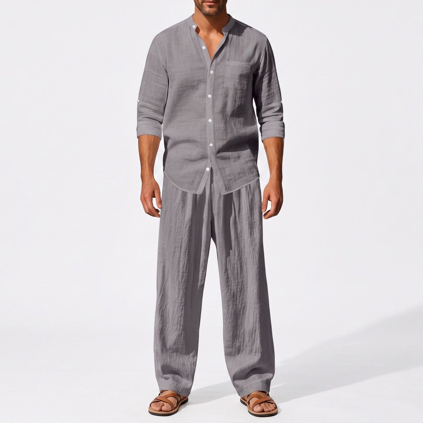 Grey men's two piece linen-blend set with Grandad collar shirt and straight-leg trousers, straight-on full-length model view