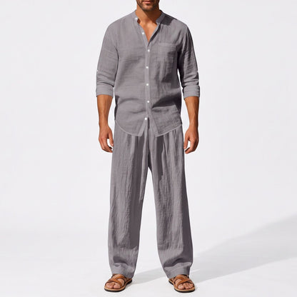 Grey men's two piece linen-blend set with Grandad collar shirt and straight-leg trousers, straight-on full-length model view