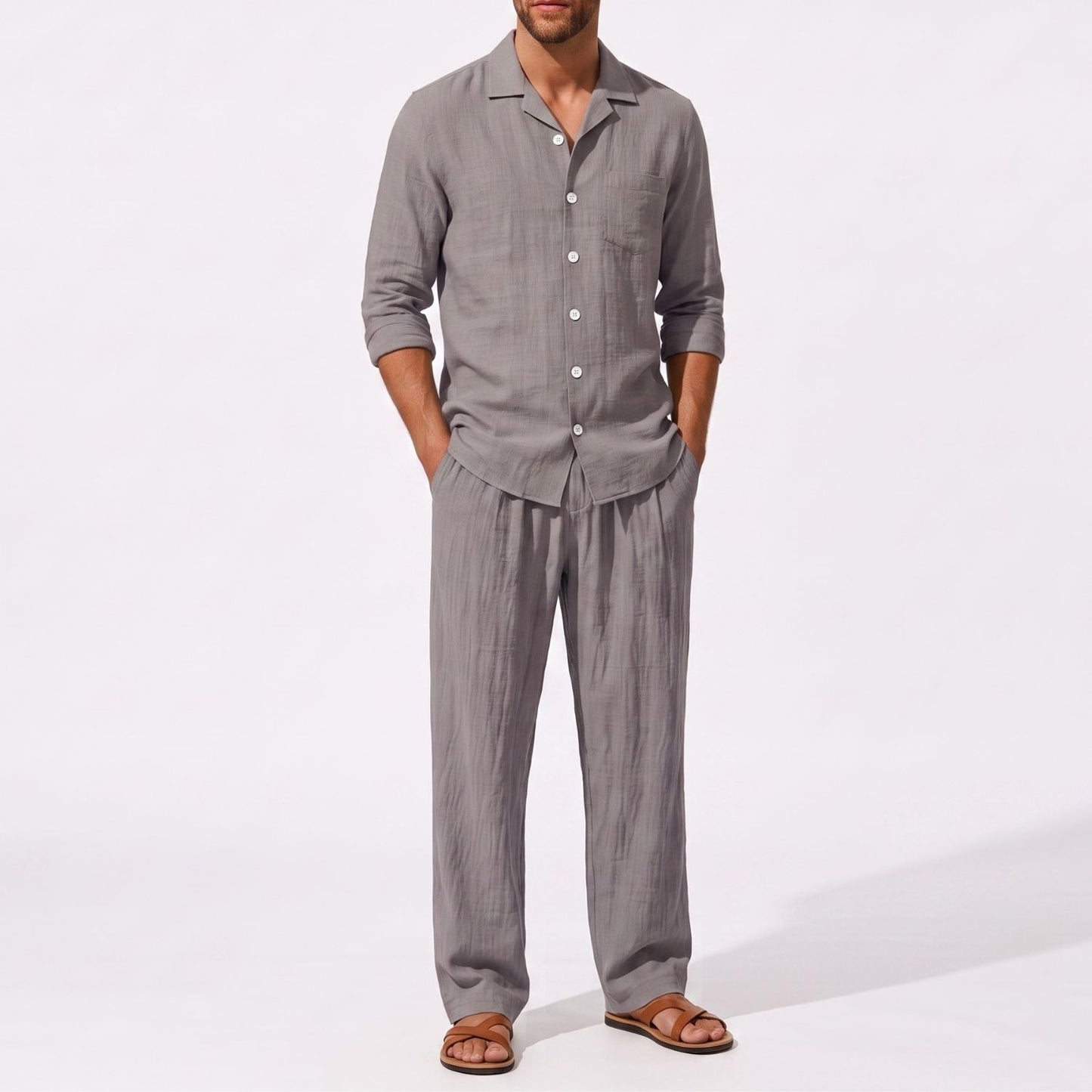 Grey men's two piece linen-blend set with Grandad collar shirt and straight-leg trousers, closer front outfit view