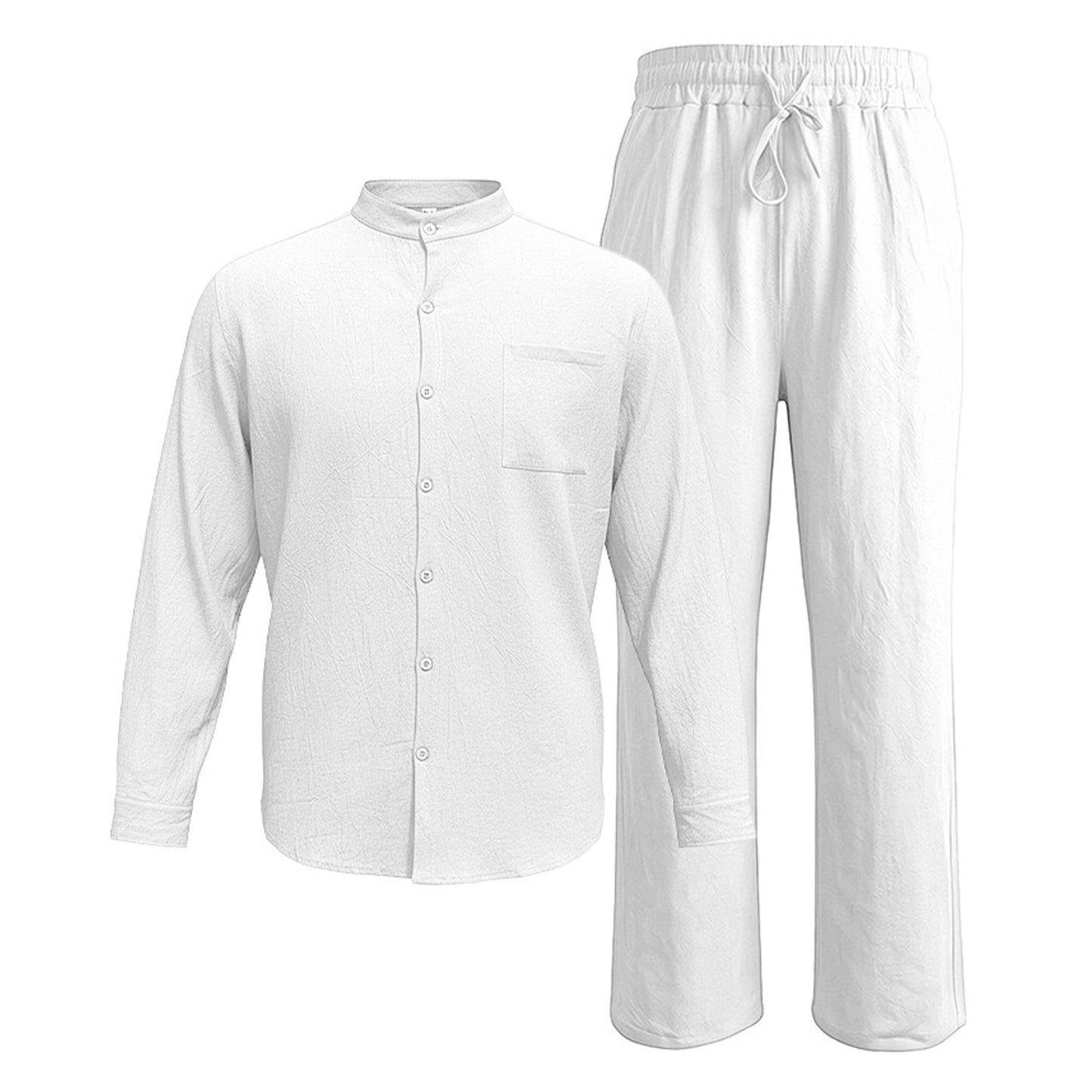 White men's two piece linen-blend set with Grandad collar shirt and straight-leg trousers, shirt and trousers product-only view