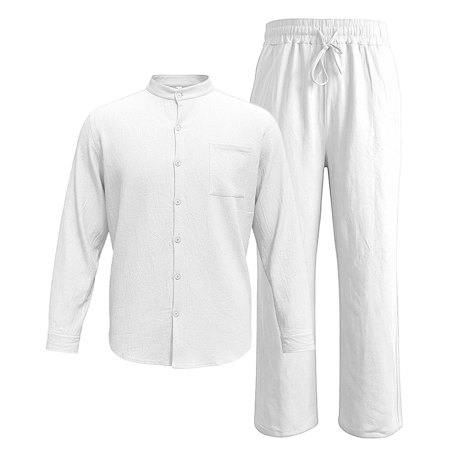 White men's two piece linen-blend set with Grandad collar shirt and straight-leg trousers, shirt and trousers product-only view
