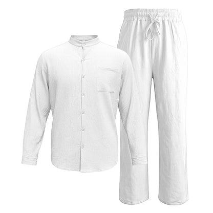 White men's two piece linen-blend set with Grandad collar shirt and straight-leg trousers, shirt and trousers product-only view