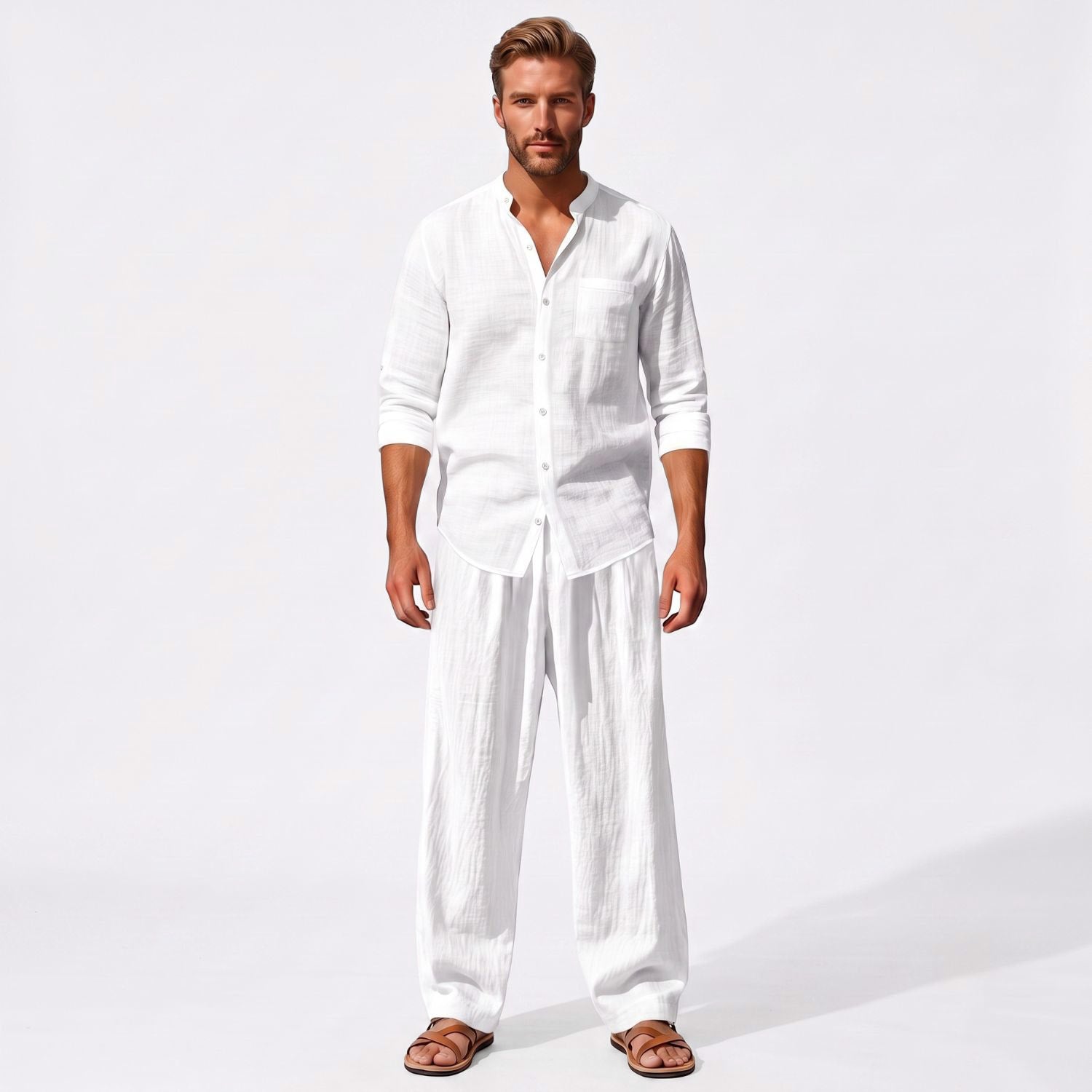 White men's two piece linen-blend set with Grandad collar shirt and straight-leg trousers, straight-on full-length model view
