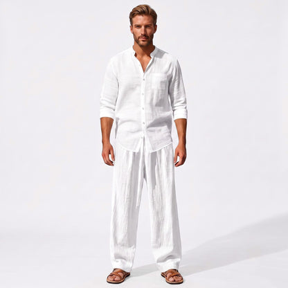 White men's two piece linen-blend set with Grandad collar shirt and straight-leg trousers, straight-on full-length model view