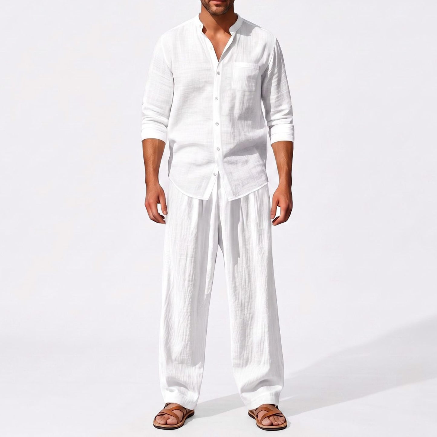 White men's two piece linen-blend set with Grandad collar shirt and straight-leg trousers, closer front outfit view