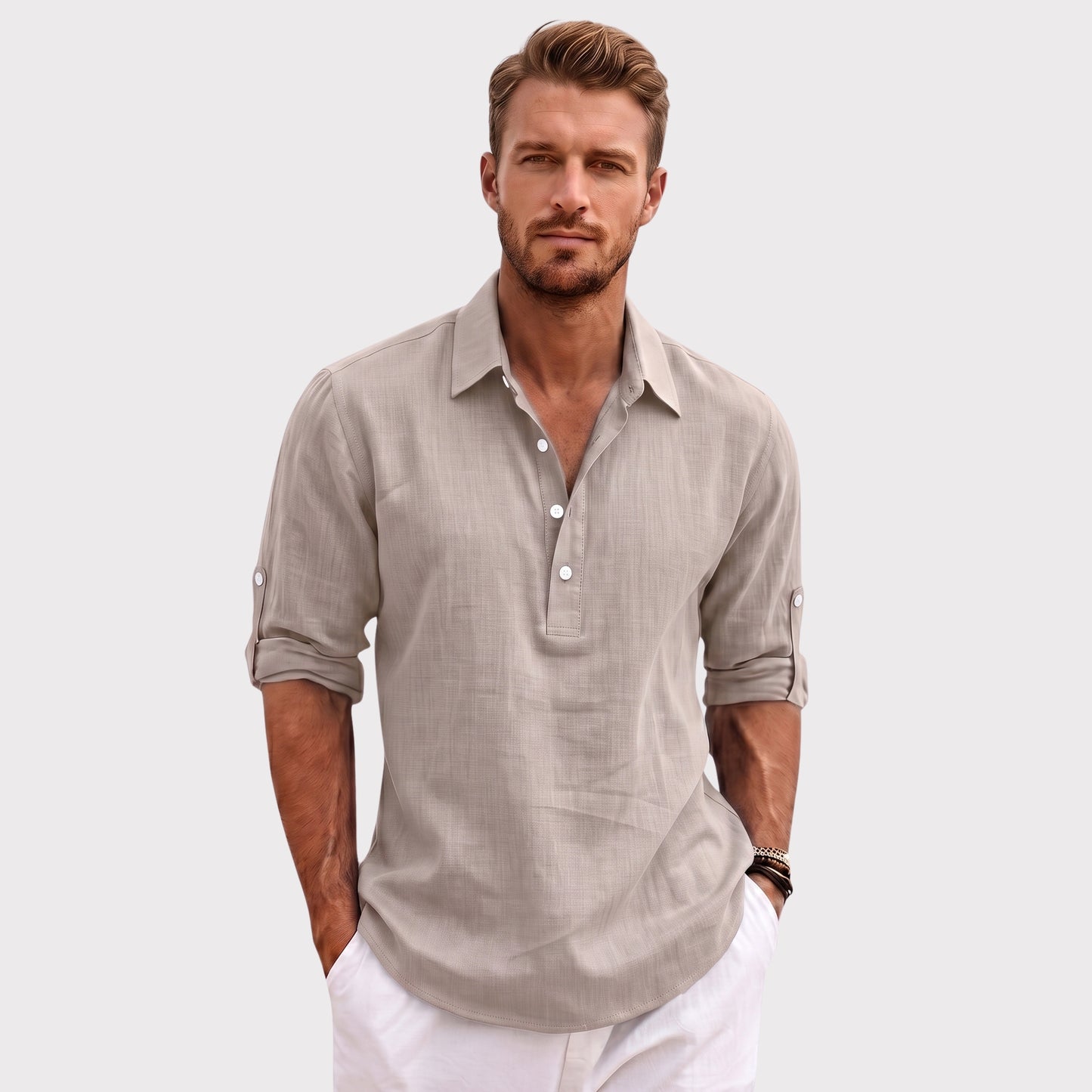Auldweave Men's Polo Shirt Casual Linen Look Grandad Henley Breathable