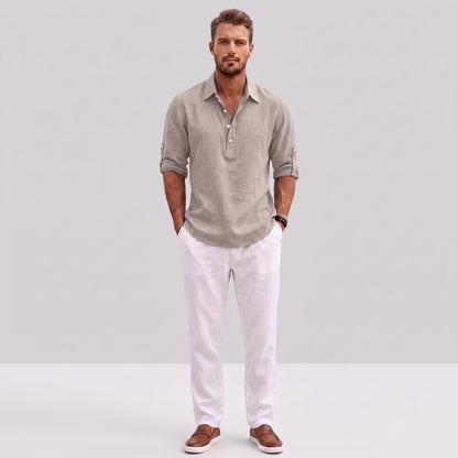 Auldweave Men's Polo Shirt Casual Linen Look Grandad Henley Breathable