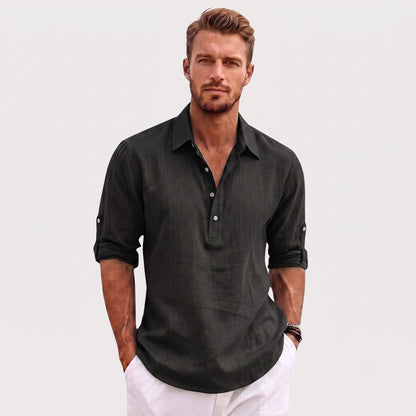 Auldweave Men's Polo Shirt Casual Linen Look Grandad Henley Breathable