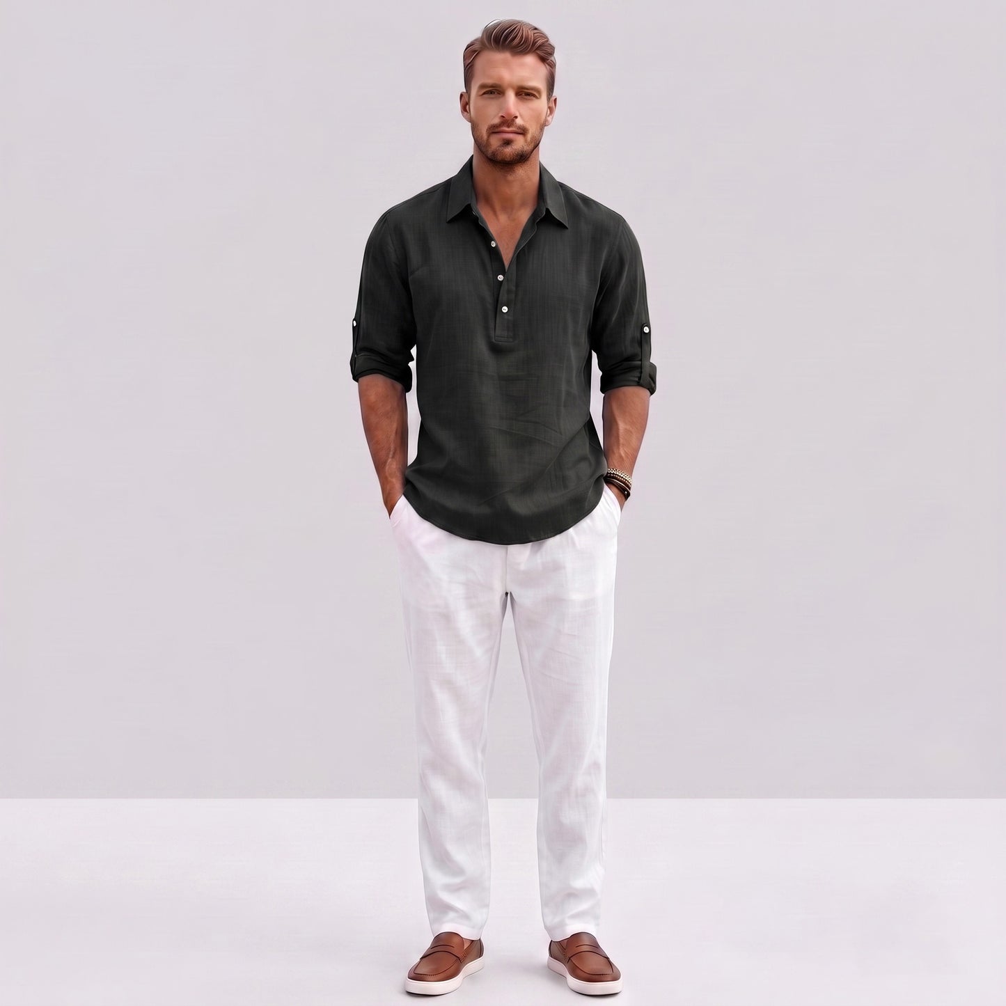 Auldweave Men's Polo Shirt Casual Linen Look Grandad Henley Breathable