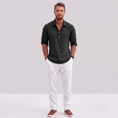Auldweave Men's Polo Shirt Casual Linen Look Grandad Henley Breathable