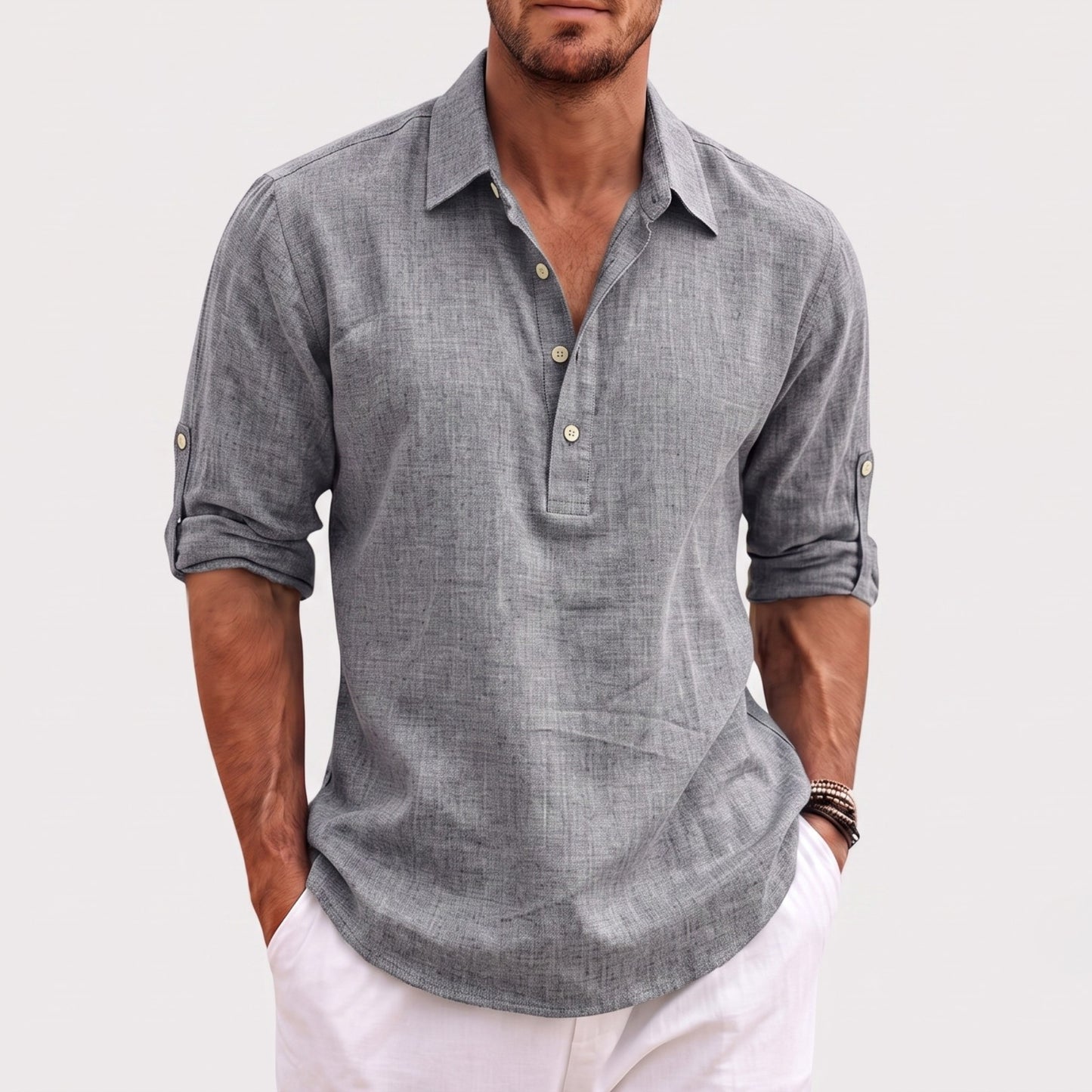Auldweave Men's Polo Shirt Casual Linen Look Grandad Henley Breathable