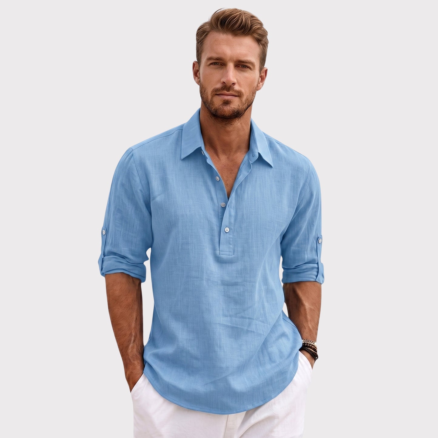 Auldweave Men's Polo Shirt Casual Linen Look Grandad Henley Breathable