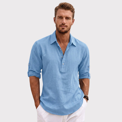 Auldweave Men's Polo Shirt Casual Linen Look Grandad Henley Breathable