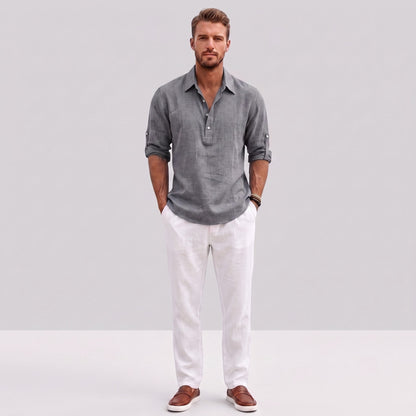 Auldweave Men's Polo Shirt Casual Linen Look Grandad Henley Breathable