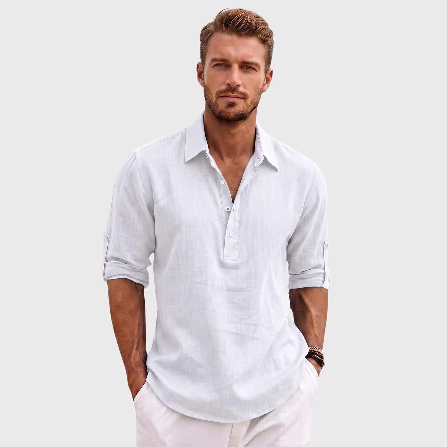 Auldweave Men's Polo Shirt Casual Linen Look Grandad Henley Breathable