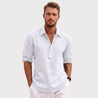 Auldweave Men's Polo Shirt Casual Linen Look Grandad Henley Breathable
