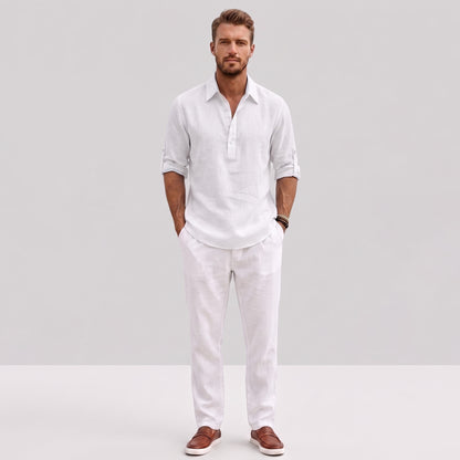 Auldweave Men's Polo Shirt Casual Linen Look Grandad Henley Breathable