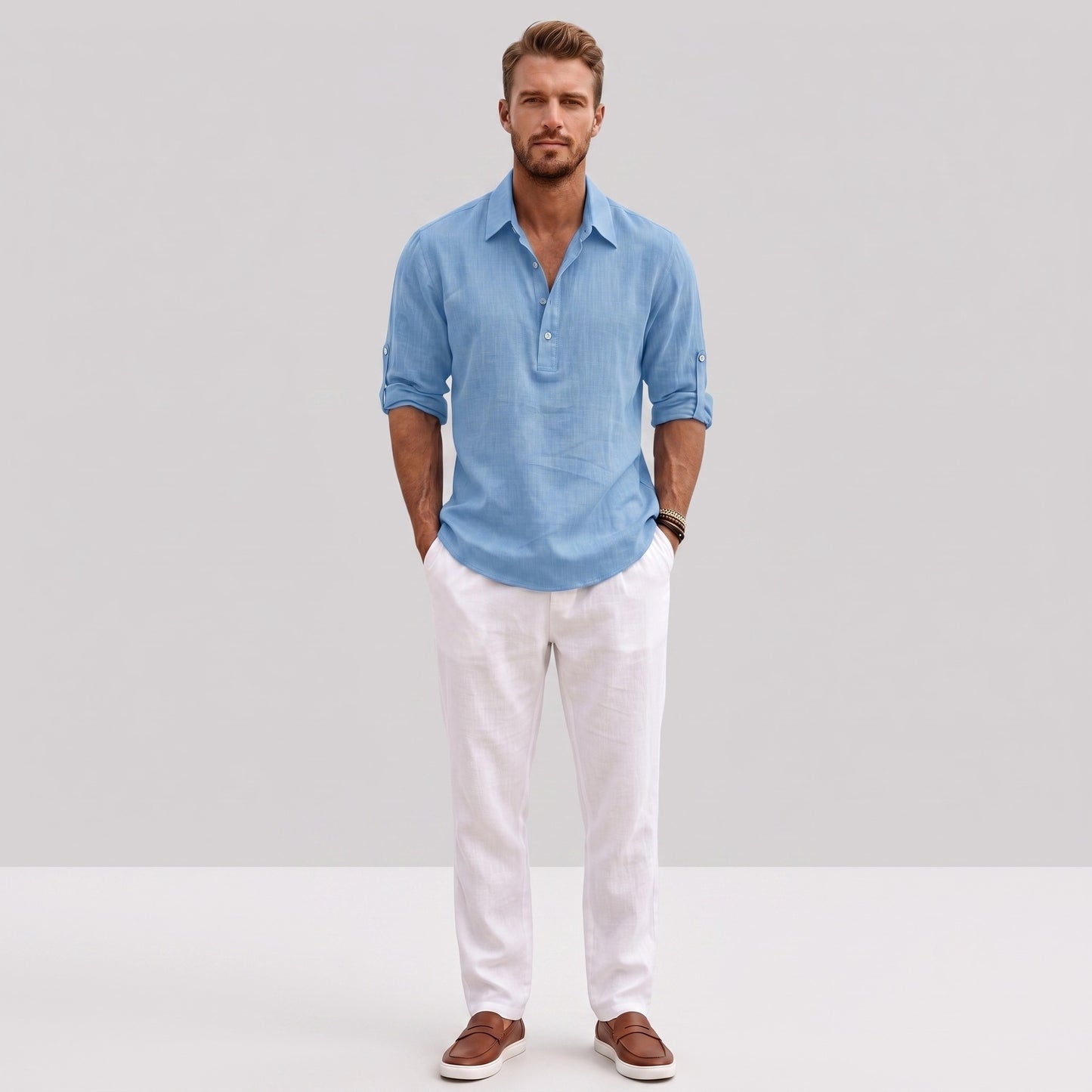 Auldweave Men's Polo Shirt Casual Linen Look Grandad Henley Breathable