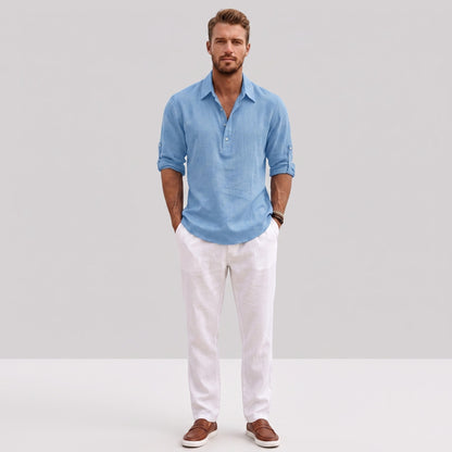 Auldweave Men's Polo Shirt Casual Linen Look Grandad Henley Breathable