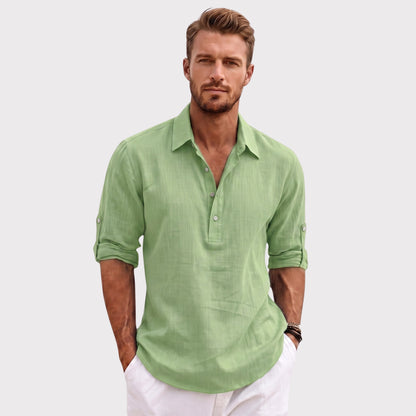 Auldweave Men's Polo Shirt Casual Linen Look Grandad Henley Breathable