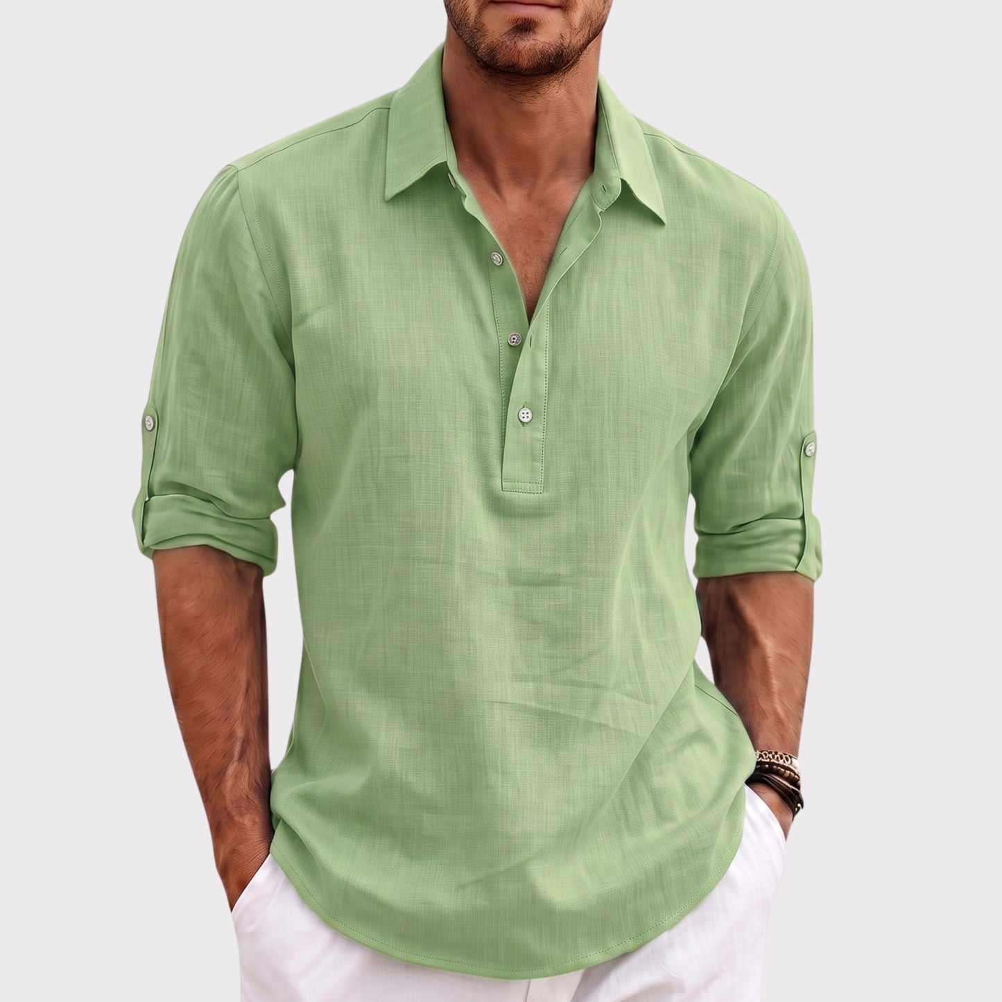 Auldweave Men's Polo Shirt Casual Linen Look Grandad Henley Breathable