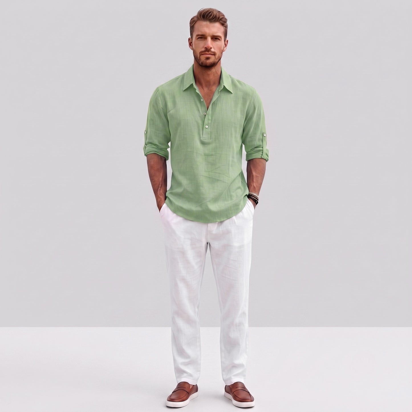 Auldweave Men's Polo Shirt Casual Linen Look Grandad Henley Breathable