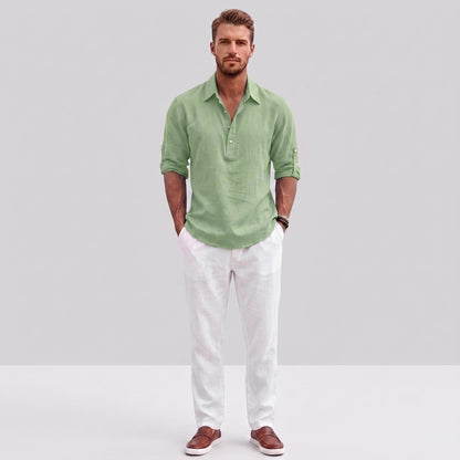 Auldweave Men's Polo Shirt Casual Linen Look Grandad Henley Breathable