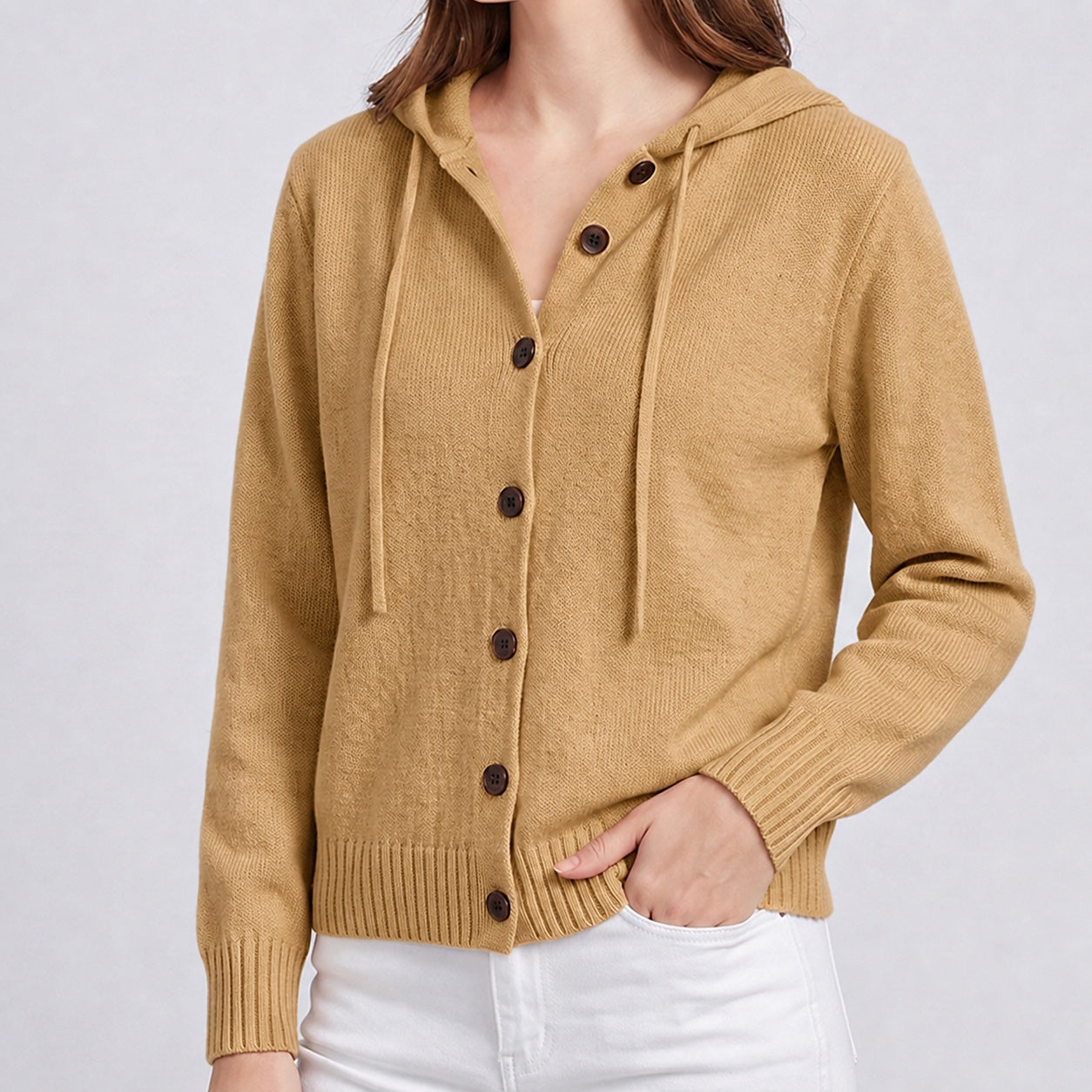 Women's Hooded Knitted Cardigan Button Front Casual Autumn Jumper