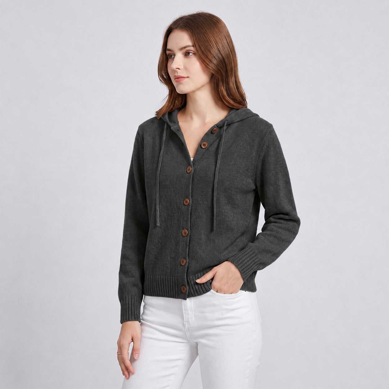 Women's Hooded Knitted Cardigan Button Front Casual Autumn Jumper
