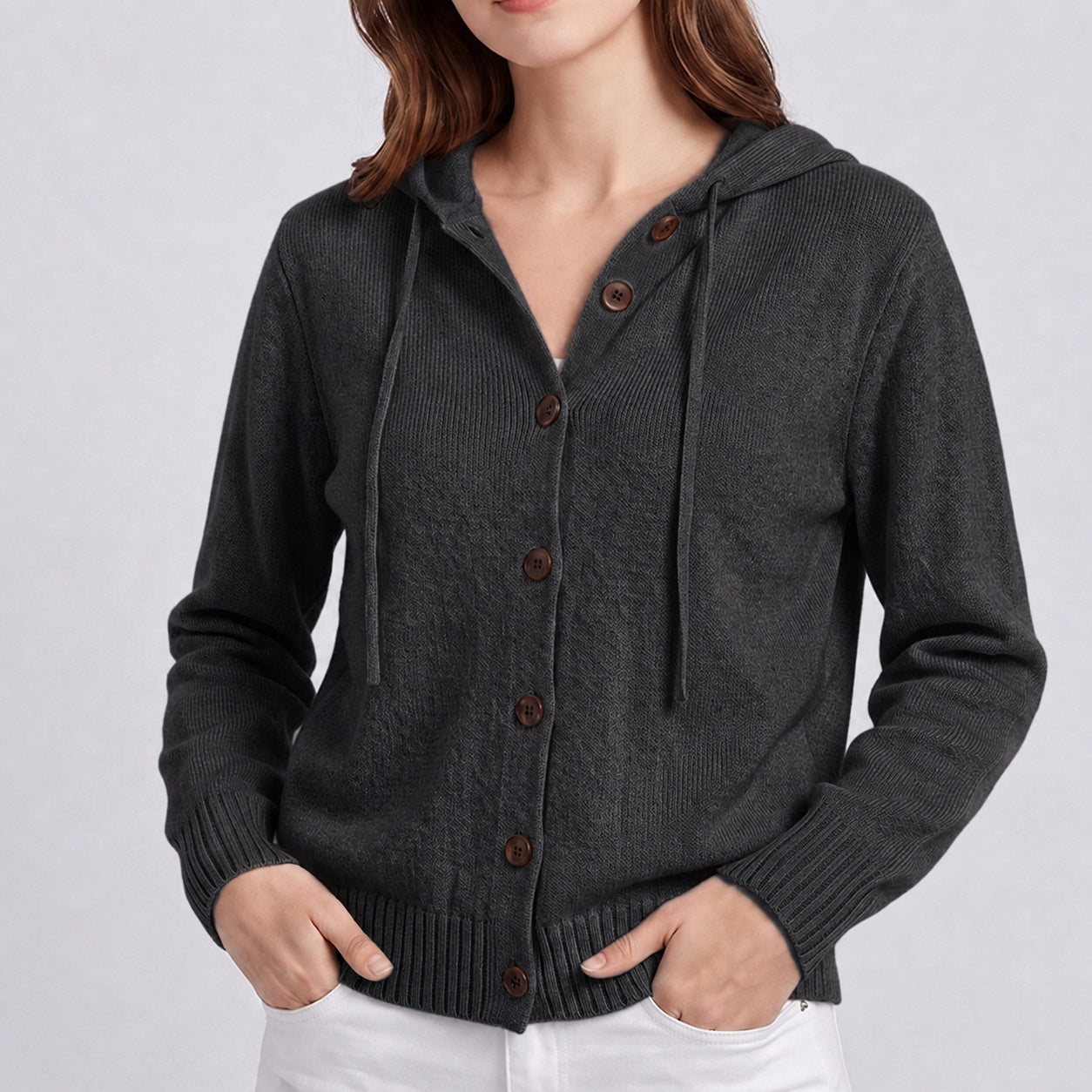 Women's Hooded Knitted Cardigan Button Front Casual Autumn Jumper