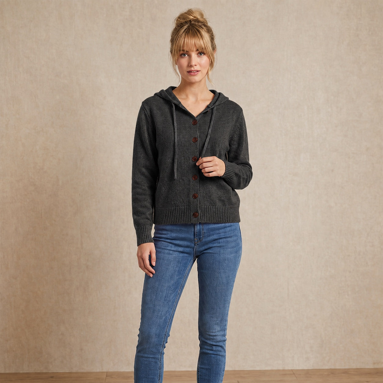 Women's Hooded Knitted Cardigan Button Front Casual Autumn Jumper