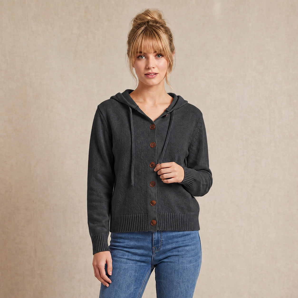 Women's Hooded Knitted Cardigan Button Front Casual Autumn Jumper