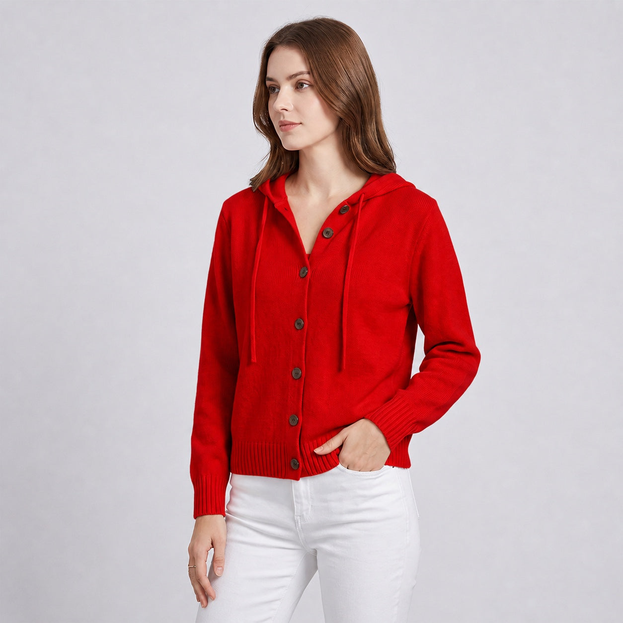 Women's Hooded Knitted Cardigan Button Front Casual Autumn Jumper