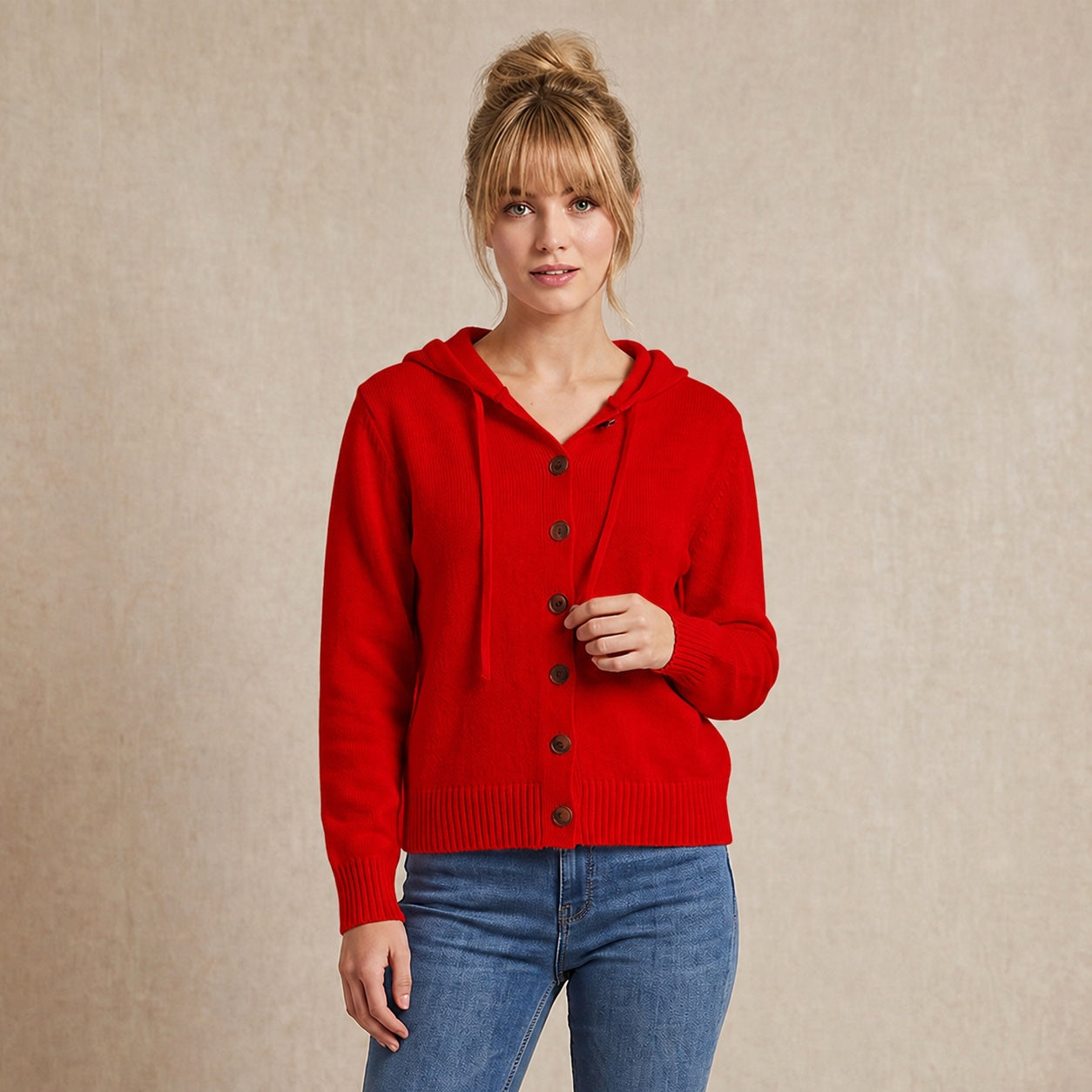 Women's Hooded Knitted Cardigan Button Front Casual Autumn Jumper