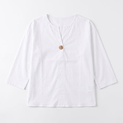 Women's Linen-Look V-Neck Blouse Long-Sleeve Button Casual Shirt Everyday